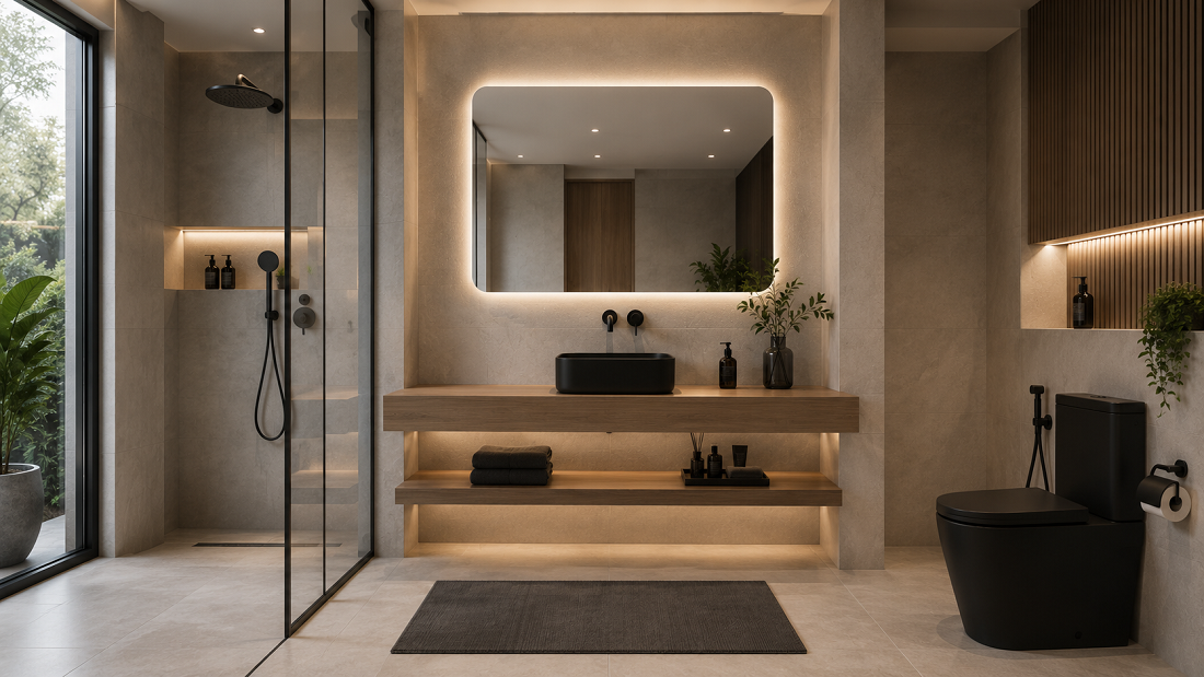 Inspirasi Kamar Mandi Modern dengan Wastafel Countertop Hitam Elegan