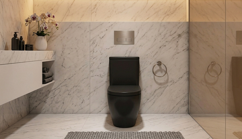 Toilet Duduk Terbaik: BLACKWHITE “ROMEO” One-Piece Toilet Matte Black untuk Kamar Mandi Modern
